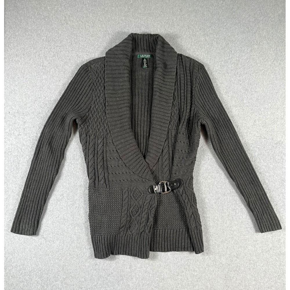 Lauren Ralph Lauren Womens XL Charcoal Grey Cable Knit Buckle Shawl Cardigan